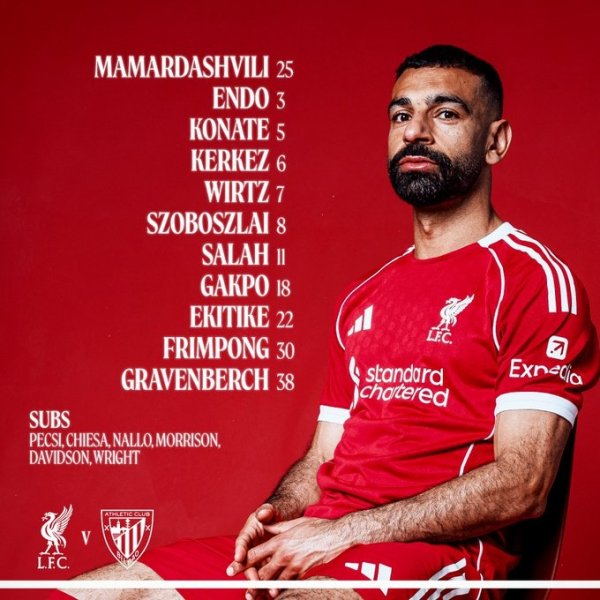 利物浦vs毕巴第二场杆位：萨拉赫、维尔茨、埃基蒂克、加克波先发