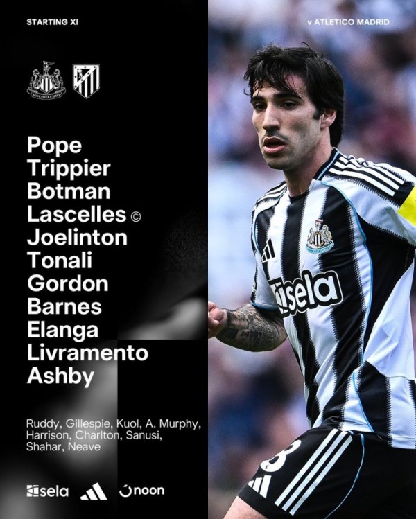 纽卡vs马竞杆位：托纳利、伊兰加先发，阿尔瓦雷斯、加拉格尔出战